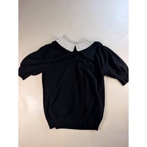 Siani Milano Pearl Collar Top Women Large Black Retro Twee Puff Sleeve Knit Tee